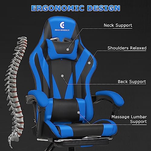 ErgoDesign Gaming Chair with Linkage Armrest & Footrest, High Back Video Gaming Chair, Black/Blue — view 4