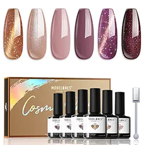 Modelones Cat Eye Gel Nail Polish Set 6 Colors, Glitter Nude Summer Shiny Champagne Burgundy Gold Magnetic Effect Sparkle Stunning Home Nail Art Manicure Kit Special Gifts for Women Girls, 2023 Limite