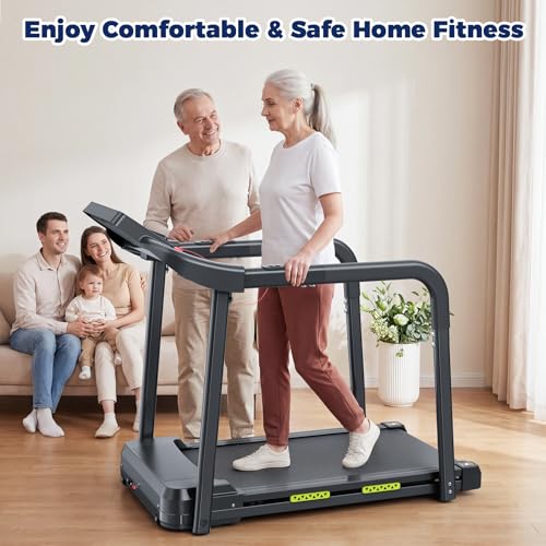 Image of Senior Treadmill with Widened Running Belt (41.37 inch L x 16.55 inch W), with Long Handle Bar, 5-Layer Shock-Absorbing Material, Heart Beat Monitor, 0.5-7.5 MPH, App Control, 300 LBS Capacity