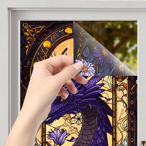 Image of Nuxovilar Stained Glass Window Film Dragon Floral Pattern PVC 17.7 x 39.4 Inches Window Clings for Glass Panel Privacy Decor for Game Room Study Entry Door