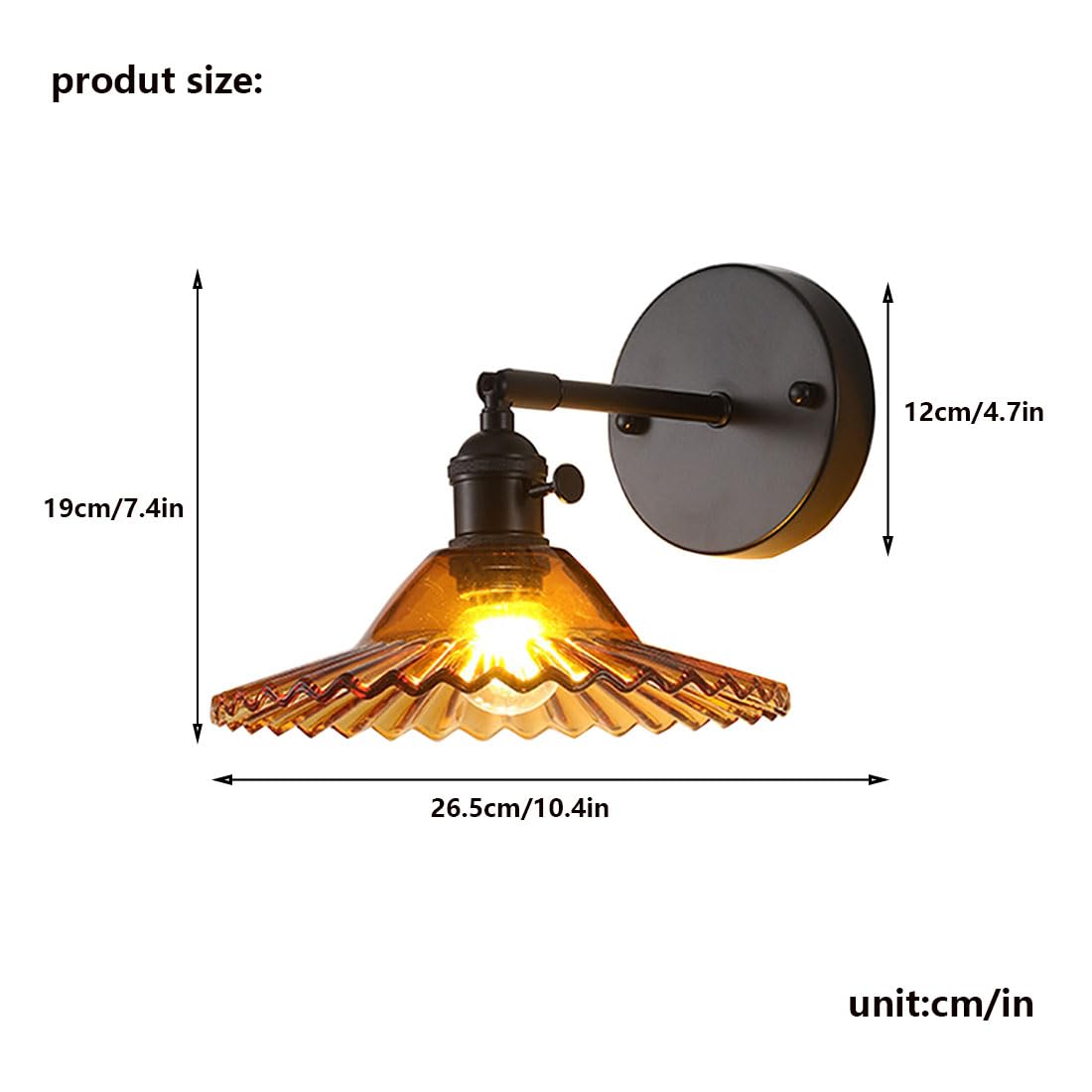 Applique da Parete Vintage, Lampada da Comodino Moderna con Paralume in Vetro, Stile retrò, Ideale per Camera da Letto, Soggiorno, Veranda, Ingresso e Sala da Pranzo (Ambra)