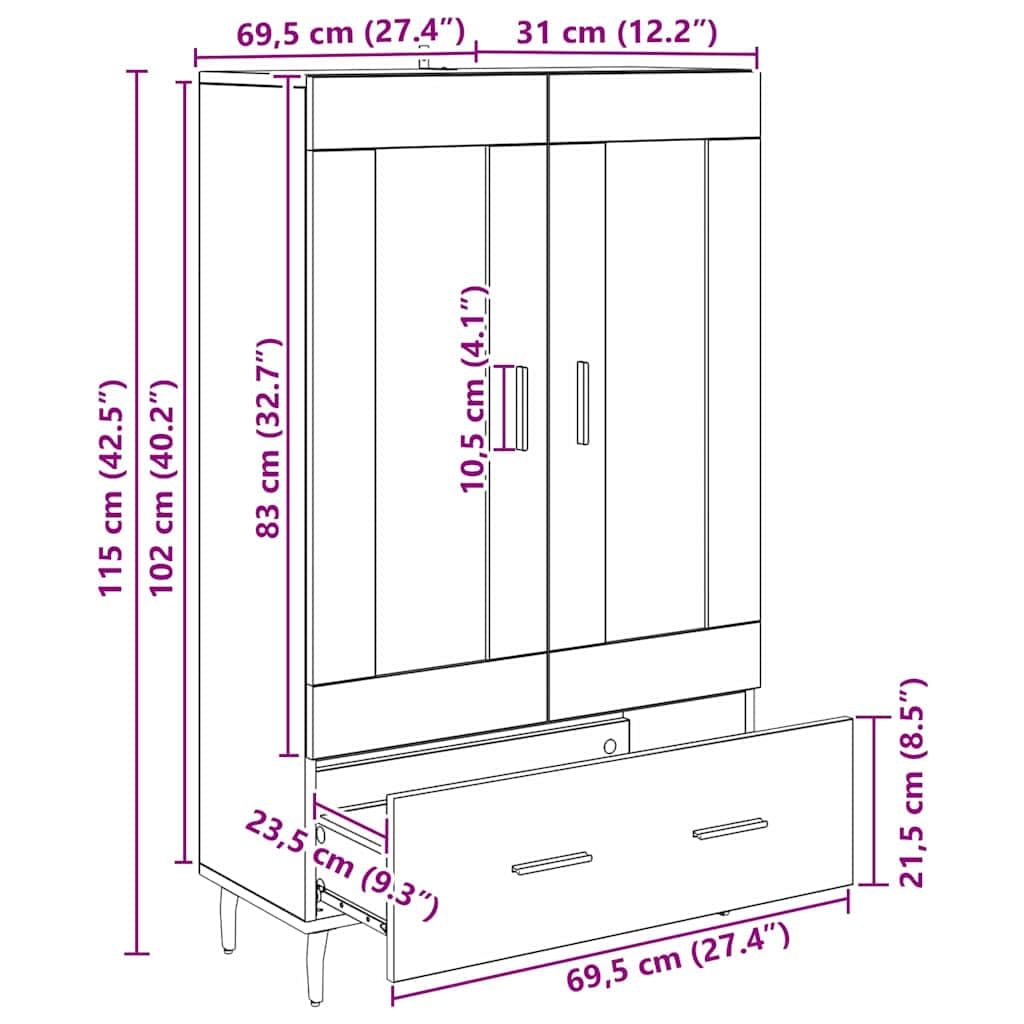 Buffet haut en bois vieilli - 69,5 x 31 x 115 cm - Avec tiroir et portes - Buffet moderne pour salon, espace de rangement et ordre - Style maison de campagne rustique