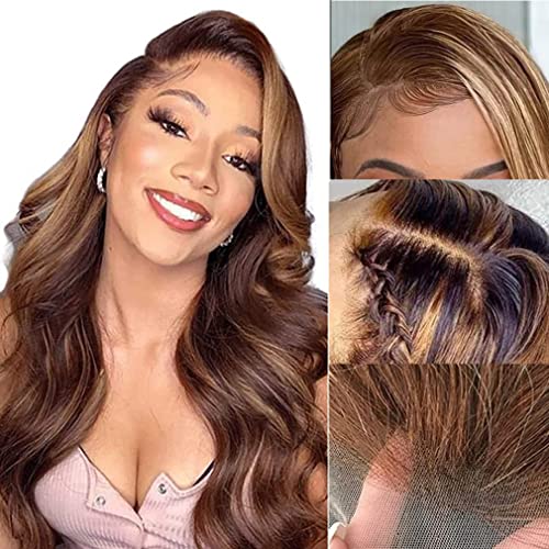 Highlight Ombre Lace Front Wig Human Hair 13x4 Colored 4/27 HD Lace Frontal Human Hair Wigs Pre Plucked with Baby Hair 150% Density Honey Blonde Body Wave Lace Front Wigs 100% Human Hair (22 Inch)