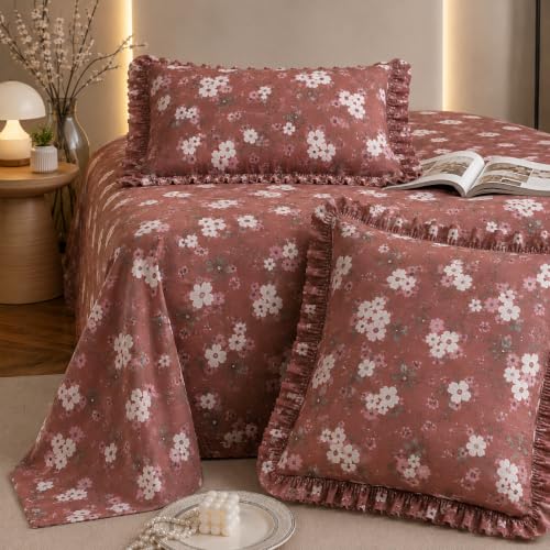 Image of Fitted Bedsheet Queen Size 300 TC Soft Cotton Feel Microfiber All Around Elastic Fitted Double Bedsheet with 2 Frill Pillow Covers | Size (60x78) Rose Floral