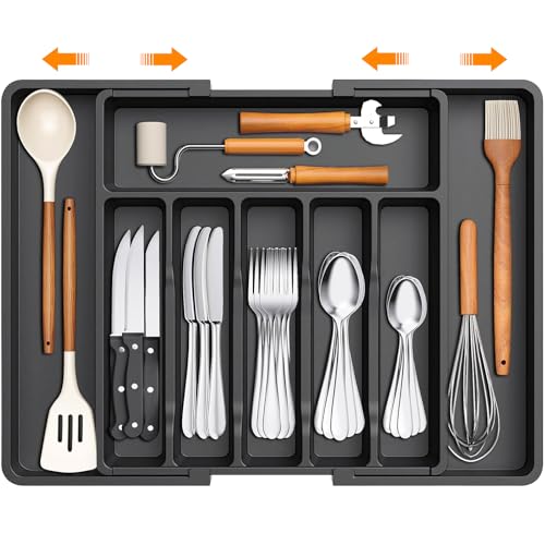 YGVQN Range Couverts, Organisateur Réglable pour Vaisselle 33/56x38 CM, Organisateur Couverts Tiroir Cuisine, Cuillères Fourchettes Couteaux Boîte de...