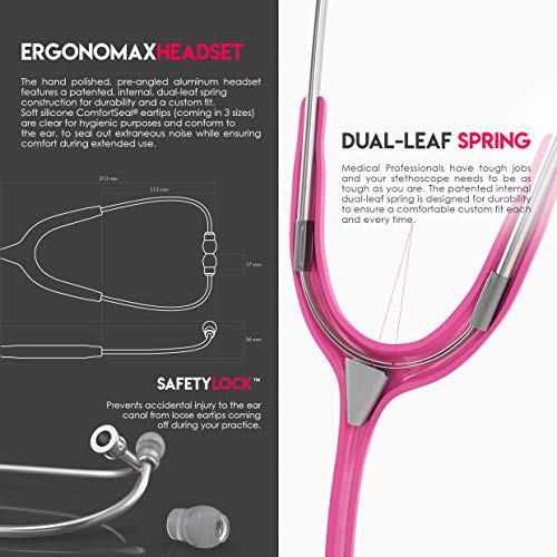 Image of MDF Instruments, Acoustica Lightweight Stethoscope for Doctors, Nurses, Students, Home Health Use, Adult, Dual Head, Fuchsia Tube, Silver Chestpiece-Headset, MDF747XP32 | Dual Head, rotating chestpiece, Lifetime warranty, Free-Parts-for-Life, Latex-free, For doctors, nurses, students home health