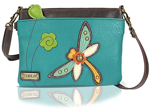 Chala Mini Crossbody Handbag, Multi Zipper, Pu Leather, Small Shoulder Purse Adjustable Strap - Dragonfly - Turquoise