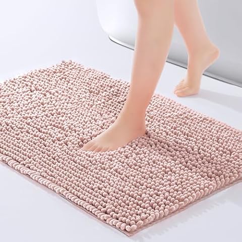 FRESHMINT Chenille Bathroom Rugs Mat 24"x17", Non-Slip Bath Mat for Bathroom Floor & Bathtub, Washable Soft Shower Shag Bath Rugs, Fluffy Thick Water Absorbent Microfiber Shower Mat, Dusty Pink Cover