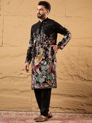 Image of Men Black Georgette Embroidered Solid Calf Length Kurtas | Mens | Solid Kurta's for Mens | Straight Fit Kurta for Men's