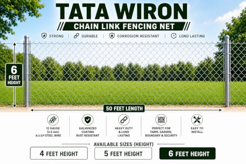 Image of Fencing Wire | Fencing Net| Heavy Duty Galvanized Chain Link Fencing Net | 6 Ft Height x 50 Ft Roll | 12 Gauge (2.5 mm) | 4 inchx4 inch Mesh | Farm, Garden, Boundary & Security Fencing Wire