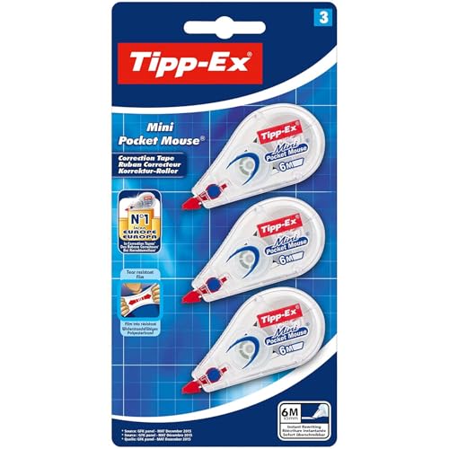 Tipp-Ex Korrekturroller Mini Pocket Mouse, 6m x 5mm, 3er Pack, Ideal für das Büro, das Home Office oder die Schule