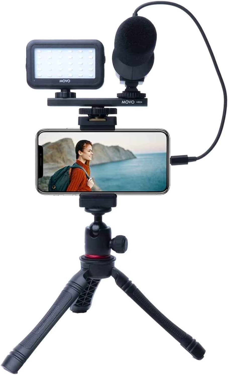 Movo iVlogger Vlogging-Kit für das iPhone - Lightning-kompatibles Video Vlogging Set - Zubehör: Handy Stativ, Handyhalterung, LED-Licht und Richtmikrofon - YouTube Starter Set oder iPhone Vlogging
