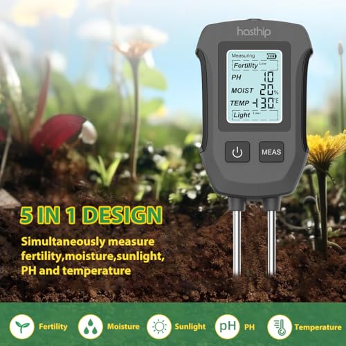 Image of HASTHIP 5 in 1 Soil Meter Dual Probes Soil Moisture Meter for Fertility Moisture Temperature pH Sun Light LCD Digital Display Tester for Precision Agriculture Garden Plants (No Battery