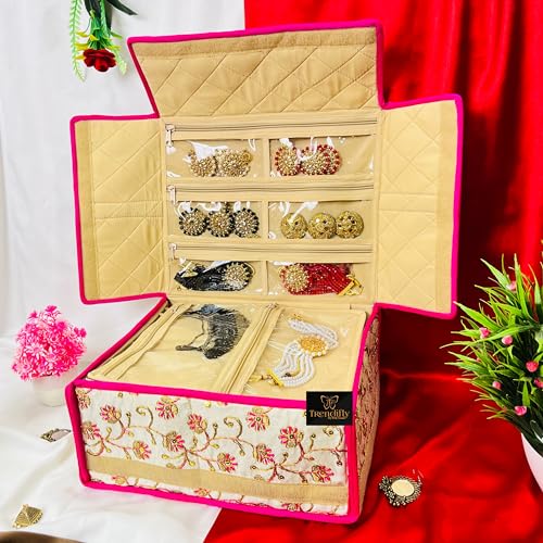 Image of Trendifly Royal Flower Design Jewellery Organiser bag | Travel Makeup Cosmetic Jewelry Storage organizer box for Bridal women Earrings Bracelet Necklace (Pink Tikki)