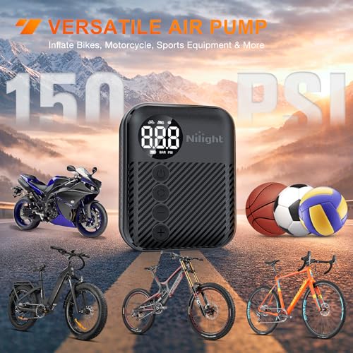 Image of Nilight Mini Bike Pump with Gauge Fast Inflate Tiny Bicycle Air Pump Portable Air Inflator 150PSI with Presta and Schrader Valve for Road Mountain Bike E-Bike Motorcycle Ball