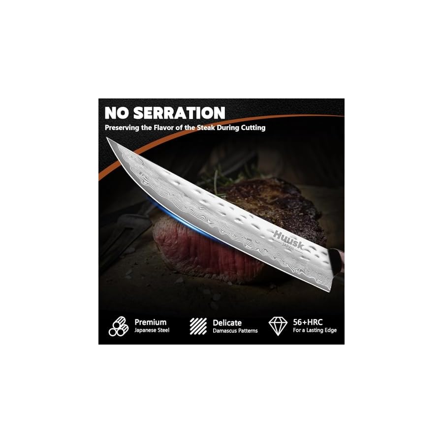 Huusk Steak Knives Set of 6, Japanese Steak Knives 4.9 Inch with Damascus Patterns, Non-serrated Steak Knife Sets With Sheaths, Sharp Steak Knife Set With Gift Box