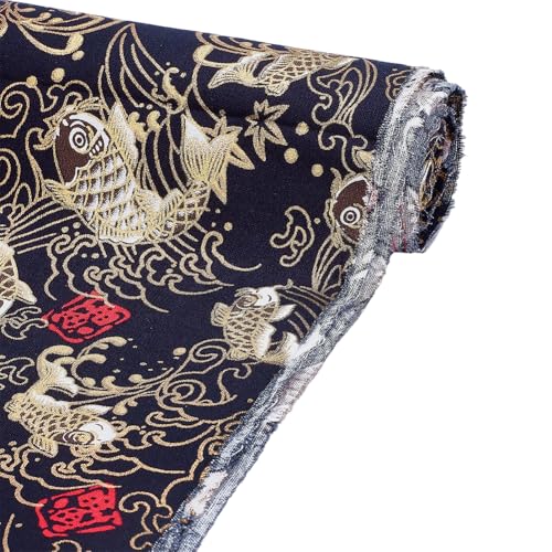 FINGERINSPIRE 1M - Tela de algodón japonés, color negro, 152 cm de ancho, patrón de peces, tela de estilo tradicional, material suave y ligero para kimono, Yukata, ropa de bricolaje, decoración del