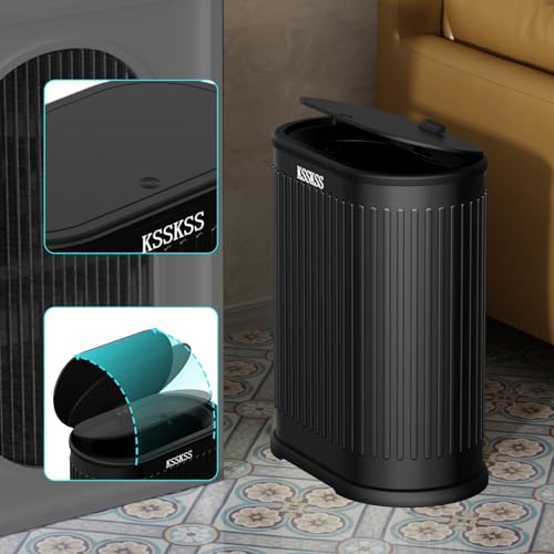 Image of KSSKSS 1.8 Gallons Small Stainless Steel Trash Can with Press Type Lid, Slim Bathroom Garbage Bin, Removable Liner Bucket, Dog Proof Narrow Wastebasket with Pop-Up Lid for Bedroom,Toilet (Matt Black)