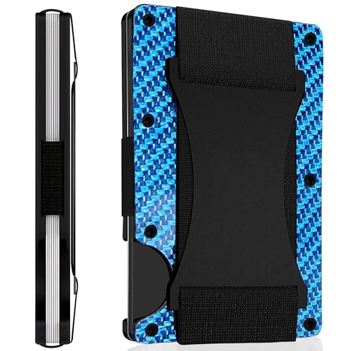 Carbon Fiber Wallet for Men & Women - Slim, Minimalistic & Seamless Blocks RFID Scanners with a Money Strap Card Holder Wallet Strap Blue