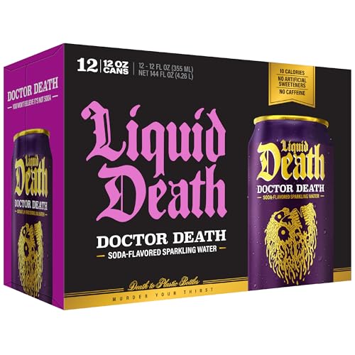 Image of Liquid Death Soda-Flavored Sparkling Water - Doctor Death (Cherry, Cream, Spice), Less Sugar*, Huge Flavor, No Caffeine, No Artificial Sweeteners, 12 Fl Oz (Pack of 12)