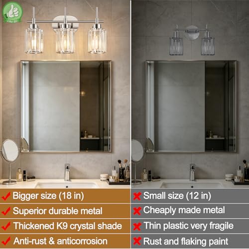 Image of Modern Crystal Bathroom Vanity Light, 3-Light Chrome Vanity Light with Clear K9 Crystal Shades, Bathroom Light Fixtures Over Mirror (Bulbs Not Included)