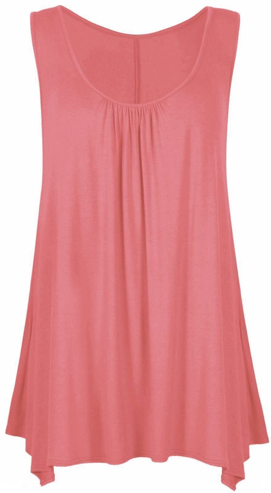 Crazy Girls Girls Coral Plain Crazy Womens Gathered Round Neck Stretch Swing Long Vest Flared Hanky Top (Xl, )