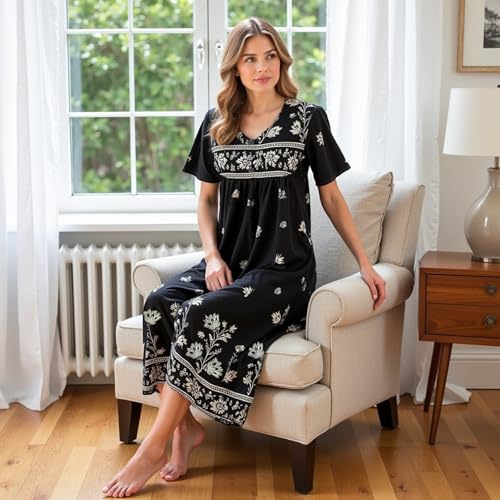 Loungees Short Sleeve Black Monotone Lounger House Dress Caftan - 3 Button Bib Yoke and Pockets2