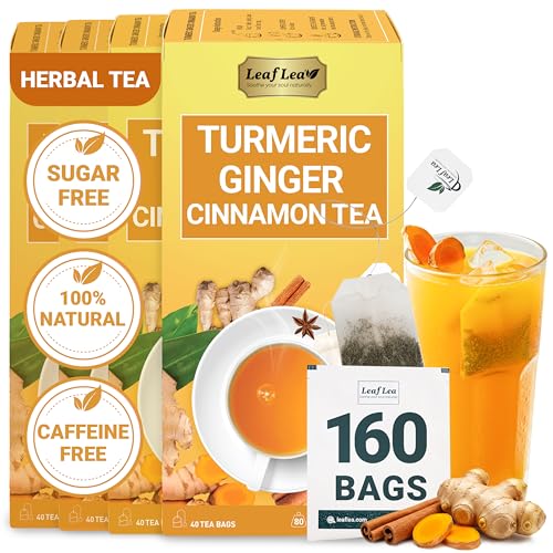 Image of LeafLea Turmeric Tea with Ginger & Cinnamon, 160 Ct Caffeine-Free, 4 Boxes