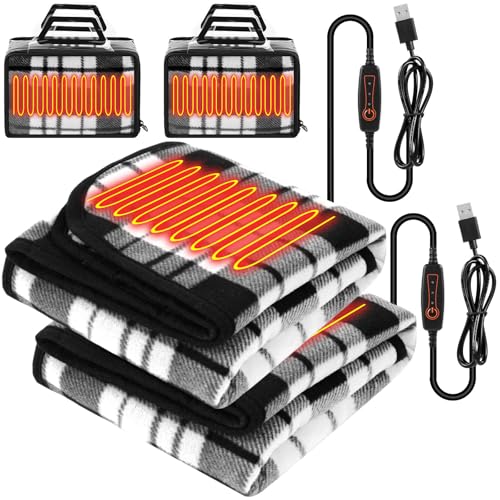 Tuanse 2 Pcs USB Heated Blanket 25'x35' Small Portable 5v 3 Setting Electric Blanket with Timer and Temperature Controller Winter Wearable Recharge Throw for Travel Home(White and Black Stripes)