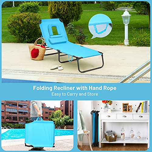 Giantex Outdoor Chaise Lounge Chair - Folding Beach Chair With 5 Adjustable Positions, Hole, Detachable Pillow, Hand Ropes, Lounger For Sunbathing, Poolside, Yard, Patio Lawn Chair Turquoise #TOP4