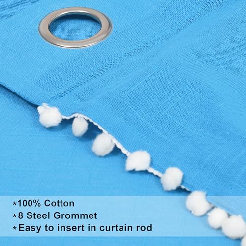 Image of THE LINEN COMPANY Cotton Sheer Grommet Curtains with Side Border Pompom Sheer Curtain for Door Linen Textured, Light Filtering, Pack of 2 (Carolina Blue, 7 Feet)