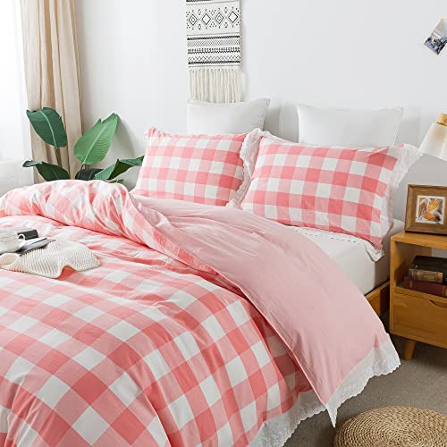 Softta Vintage White Ruffle Buffalo Plaid Bedding Set 3Pcs Duvet Cover Set 100% Pure Natural Yarn Dyed Washed Cotton 1 Duvet Cover + 2 Pillowcases Check Pattern White And Pink Twin Size #TOP1