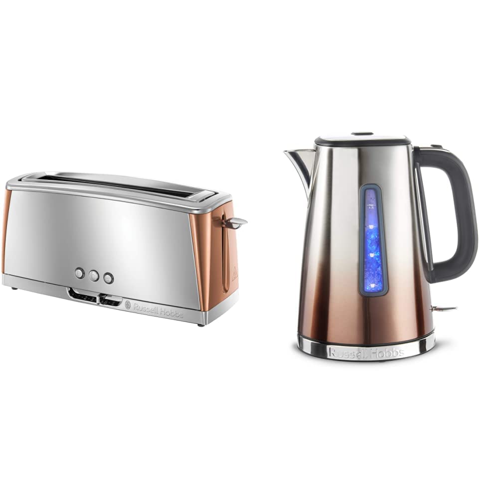 Russell Hobbs Luna Long Slot Toaster, Long Slice or Two Slice Stainless Steel Toaster, 24310 & 25113 Eclipse Polished Stainless Steel and Copper Sunset Ombre Electric Kettle, 3000 W, 1.7 Litre