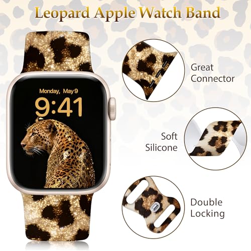 Image of wipalor Leopard Print Bands for Apple Watch Bands for Women 42mm 41mm 40mm 38mm, Cute Gold Leopard iWatch Bands Soft Silicone iPhone Watch Bands Series 11 10 9 SE 8 7 6 5 4 3 2 1-Gold