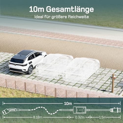 dé Mobile Wallbox 11kW mit APP [10m | 3-phasig | 6–16 A], Ladekabel e Auto CEE-16A 400V auf Typ 2 mit Einstellbarer Ladeleistung, EV-Charger für ID.3/4/5/7, IX1, Model 3/Y und andere BEV/PHEV