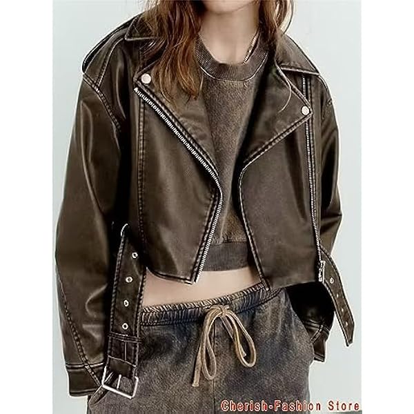 Adhdyuud Vrouwen Vintage Lederen Jas Jas Herfst Slanke PU Motorfiets Zakken Ritsen Ruches Jassen