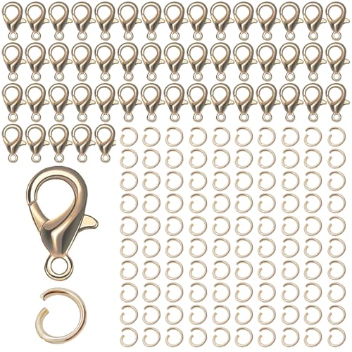 Chiusure per braccialetti,Chiusure per collane,Ganci per collane DIY,Chiusure collane,Gancetti per collane,Chiusure per gioielli,50pcs Chiusure Moschettone+100pcs Aperto Anelli Salto(Bronzo)