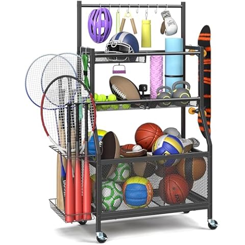 Mr IRONSTONE Garage Sports Equipment Organizer with Wheels, Upgraded Thicker & Higher Garage Ball Storage Rack with Hooks and Baskets, Rolling Garage Organizers and Storage Cart for Sports Gear Toys Cover
