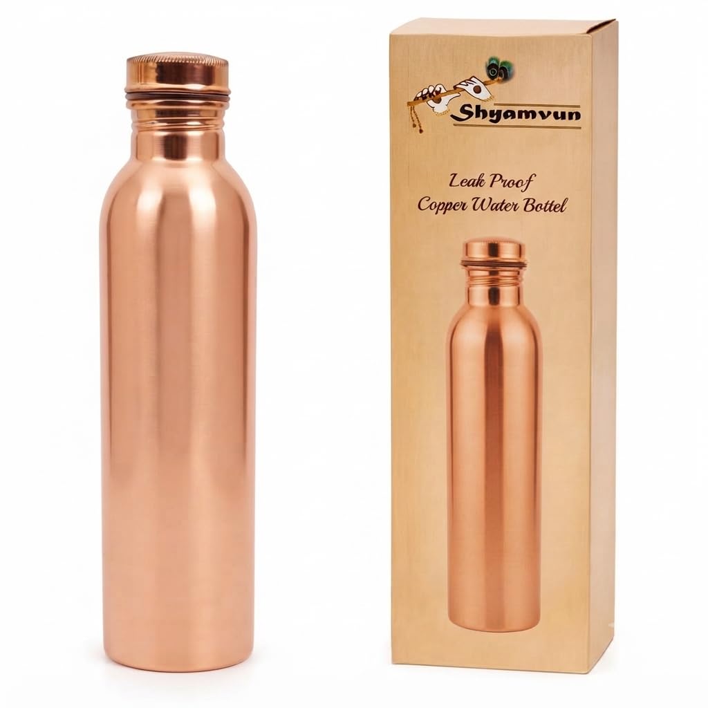 SHYAMVUN Plain Copper Water Bottle 1 Liter / 34 Oz Extra Large | Pure Copper Drinking Bottle for Ayurvedic Water Storage | Leakproof Copper Flask with Hammered