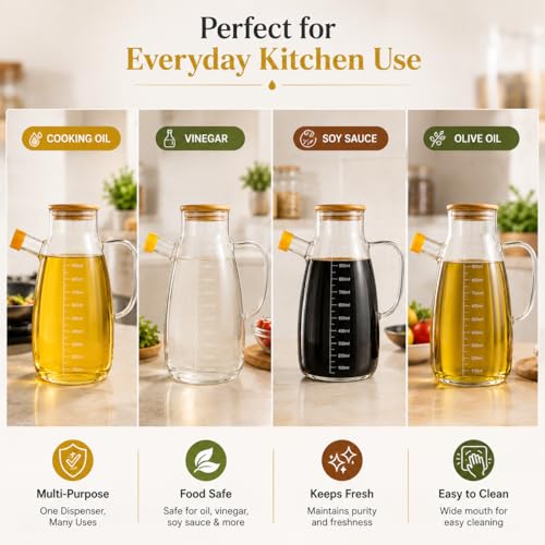 Image of Glass Oil Dispenser Bottle, Anti-Drip Spout, Leakproof Borosilicate Glass Oil Container with Measurement Markings for Kitchen, Olive Oil, Vinegar & Cooking (950, Milliliters)