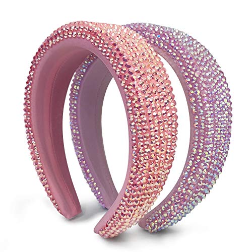 LOKFAR 2 Pieces Crystal Rhinestone Headbands Beaded Headbands Crystal Embellished Bedazzled Diamond Headbands Velvet Padded Headbands Party Headband Hair Accessories for Women Girls (Pink, Purple)