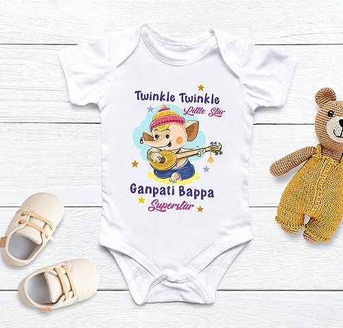 Image of Lillypupp Ganesh Chaturthi Dress For Baby Boy Girl| Ganpati Quotes Half Sleeve Unisex Cotton Romper Bodysuit For New Born Baby Clothes.