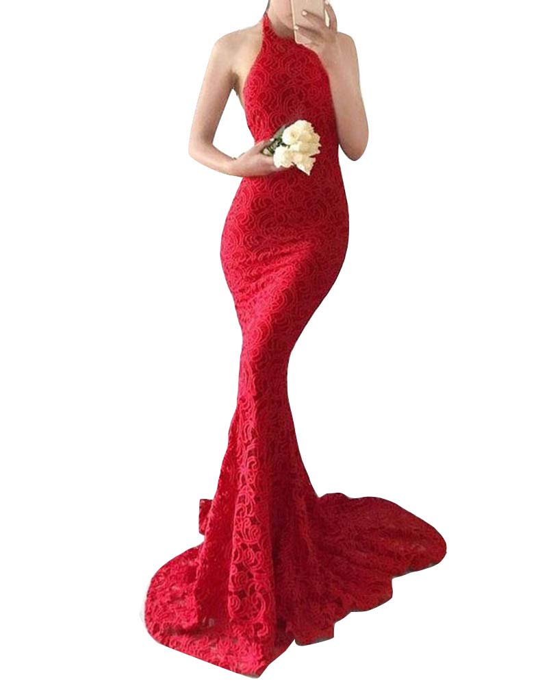 Women's Full Length Lace Backless Long Fishtail Evening Party Prom Dresses Ball Gown Red S