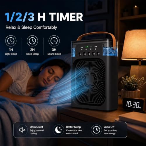 Image of HuMiDiFiEr AiR cOoLeR fAn FoR hOmE, tImInG eVaPoRaTiVe AiR cOoLiNg FaN wItH 7 cOlOr LeD lIgHtS aNd TiMeR, 5 wAtEr SpRaYs, 3 sPeEd MoDeS, uSb TyPe-C, fOr SlEePiNg, RoOm, OfFiCe, KiTcHeN - MuLtIcOlOr