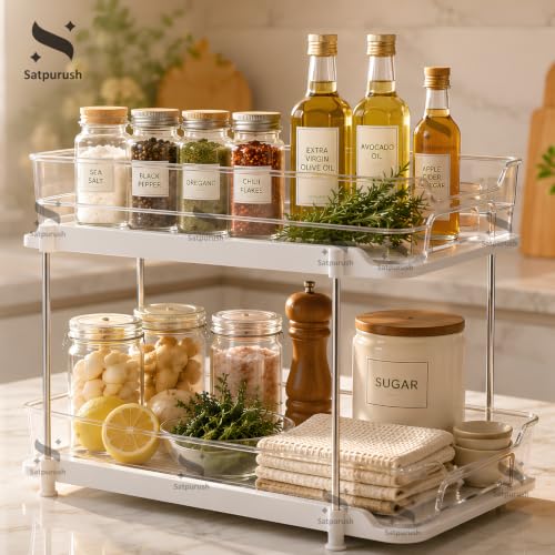 Image of Satpurush 2 Tier Kitchen Organizer Rack for Countertop, Space Saving Multipurpose Organiser with Transparent Trays for Spice Jars, Oil Bottles & Containers, (22.5 x 28 x 19 cm, Clear)