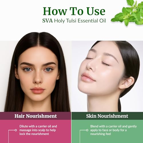 Image of SVA Holy Tulsi Essential Oil in Glass Bottle, 1 /3 Fl Oz (10 ml) | Holy Tulsi Essential Oil for Diffuser, Hair Care, Skin Care, Massage, Soap Making, Perfume Making, Fragrance & DIY Blending