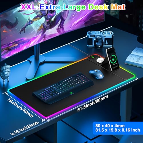 Image of RGB Gaming Mouse Pad with Magnetic Wireless Charging & Foldable Phone Stand | 31.5 inchx15.8 inch XXL Large LED Mousepad with Stitched Edges, Ultra-Smooth Waterproof Surface, 25 Lighting Effects, Non-Slip Base