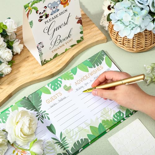 Image of Fuyoooo 27 Pcs Jungle Safari Baby Shower Guest Book Set Baby Shower Sign in Guest Floral Book Place Table Cards with Gold Pen Adhesive Photo Corner for Birthday Party