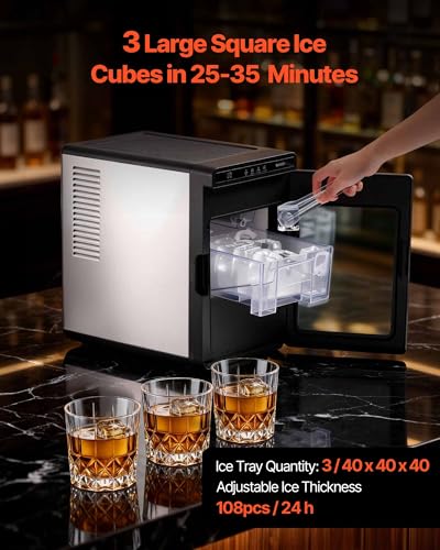 Image of VEVOR 1.6 inch Clear Ice Cube Maker, 3 Square Ice Ready in 25-35 Mins, 108 Pcs /Day, 24H Timer Ice Maker Countertop for Cocktails, Whiskey & Bourbon