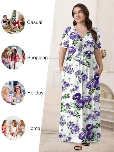 Image of PEVRL Plus Size Summer Maxi Dress for Curvy Women with Pockets 1X-5X | Short Sleeve, Twisted Front V-Neck, Summer Casual A Line Flowy Dress, Empire Waist Floral Print Beach Vacation Long Dress